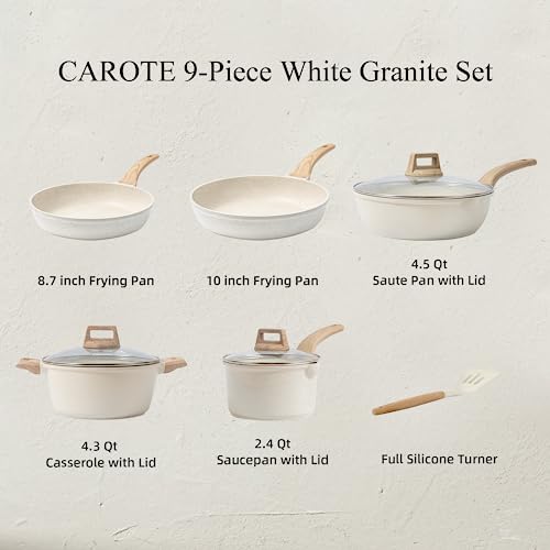 CAROTE Pots and Pans Set，Nonstick Cookware Sets Induction Cookware, White Granite 9 Pcs Non Stick Cooking Set w/Frying Pans & Saucepans(PFOS, PFOA Free)