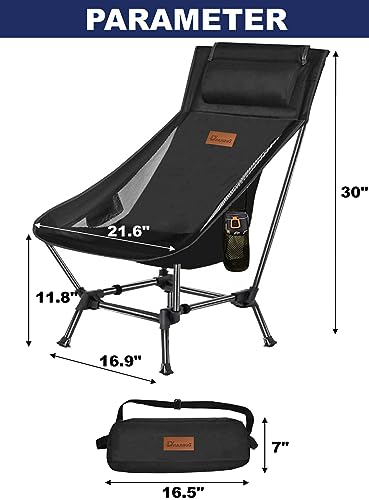 DRAXDOG Camping Chair, 2 Way Compact Backpacking Chair, Portable Folding Chair, Beach Chair with Side Pocket, Lightweight Hiking Chair 0011 (Black Set)