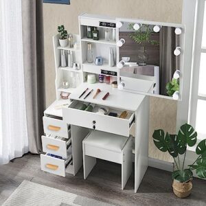 makeup vanity with lights and charging station,lighted mirror vanity with 3 lighting modes,vanity desk with 4 drawers & cushioned stool,modern vanity table for girls bedroom,white