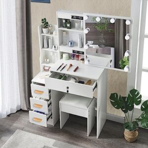 Makeup Vanity with Lights and Charging Station,Lighted Mirror Vanity with 3 Lighting Modes,Vanity Desk with 4 Drawers & Cushioned Stool,Modern Vanity Table for Girls Bedroom,White