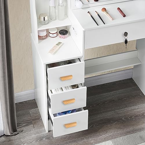 Makeup Vanity with Lights and Charging Station,Lighted Mirror Vanity with 3 Lighting Modes,Vanity Desk with 4 Drawers & Cushioned Stool,Modern Vanity Table for Girls Bedroom,White