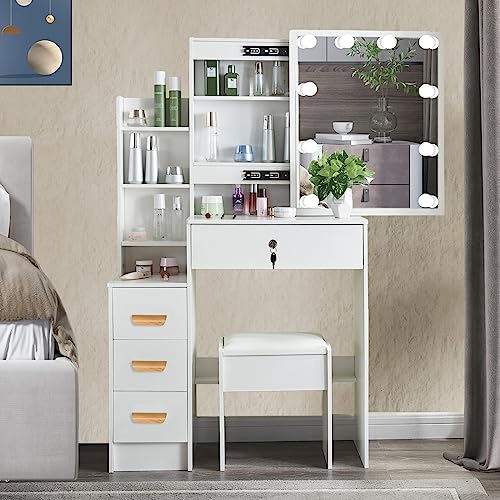 Makeup Vanity with Lights and Charging Station,Lighted Mirror Vanity with 3 Lighting Modes,Vanity Desk with 4 Drawers & Cushioned Stool,Modern Vanity Table for Girls Bedroom,White