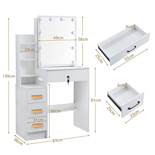 Makeup Vanity with Lights and Charging Station,Lighted Mirror Vanity with 3 Lighting Modes,Vanity Desk with 4 Drawers & Cushioned Stool,Modern Vanity Table for Girls Bedroom,White