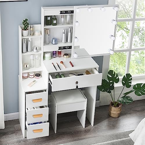 Hikooo Vanity Table, Makeup Vanity with Lighted Mirror,Vanity Mirror with 10 Lights and Table Set,Vanity Desk Dressing Table with Drawers for Girls Women,White