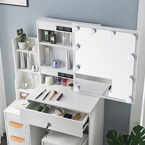 Hikooo Vanity Table, Makeup Vanity with Lighted Mirror,Vanity Mirror with 10 Lights and Table Set,Vanity Desk Dressing Table with Drawers for Girls Women,White