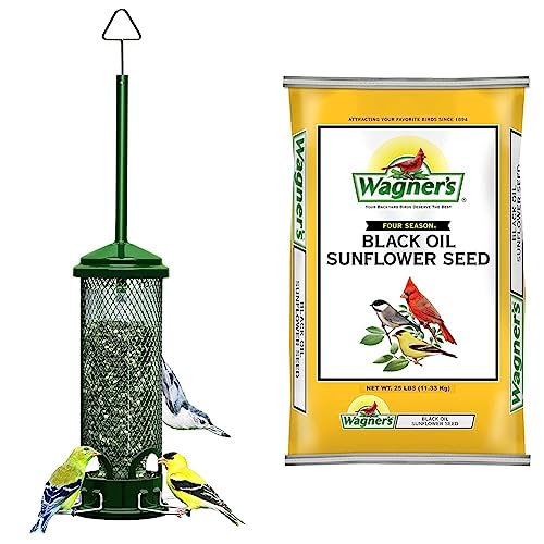 Squirrel Buster Mini Squirrel-Proof Bird Feeder w/4 Metal Perches, 0.98-Pound Seed Capacity & Wagner's 76027 Black Oil Sunflower Wild Bird Food, 25-Pound Bag