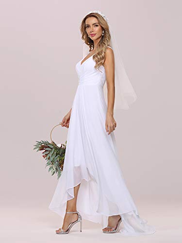 Ever-Pretty Women's V-Neck High-Low Hemline Decorative Brooch Simple Chiffon Wedding Dress White US4