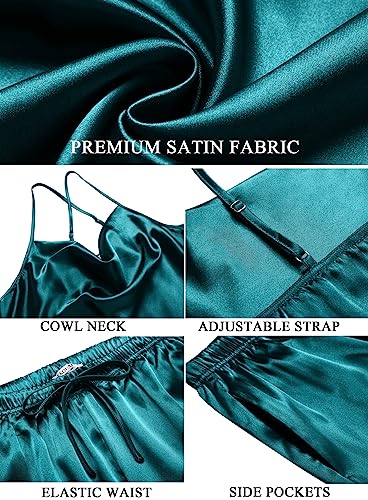 Ekouaer Lounge Wear Sets Women's Summer Silk Sleeping Pajamas Satin Cami Top with Long Pants Gift Set 2 Piece Tracksuit Blue Green,XXL