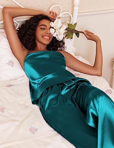 Ekouaer Lounge Wear Sets Women's Summer Silk Sleeping Pajamas Satin Cami Top with Long Pants Gift Set 2 Piece Tracksuit Blue Green,XXL