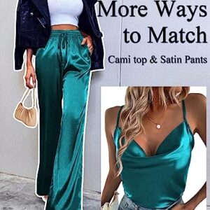 Ekouaer Lounge Wear Sets Women's Summer Silk Sleeping Pajamas Satin Cami Top with Long Pants Gift Set 2 Piece Tracksuit Blue Green,XXL