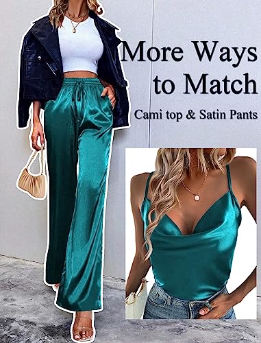 Ekouaer Lounge Wear Sets Women's Summer Silk Sleeping Pajamas Satin Cami Top with Long Pants Gift Set 2 Piece Tracksuit Blue Green,XXL