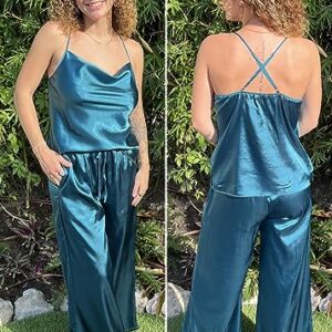 Ekouaer Lounge Wear Sets Women's Summer Silk Sleeping Pajamas Satin Cami Top with Long Pants Gift Set 2 Piece Tracksuit Blue Green,XXL