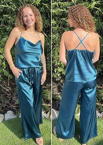 Ekouaer Lounge Wear Sets Women's Summer Silk Sleeping Pajamas Satin Cami Top with Long Pants Gift Set 2 Piece Tracksuit Blue Green,XXL