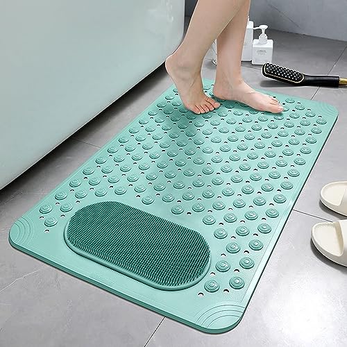 YCT Bathtub Mat Non Slip, Bath Mats for Tub, Shower Mat with Suction Cups Drainage Holes, Machine Washable, Foot Massage, Exfoliating, 27.5 x 14.2 inches, Green