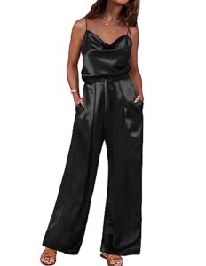 ekouaer pjs women's summer silk pajamas plus size satin shirt and long pants 2 piece lounge tracksuit outfits set black,xx-large