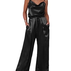 Ekouaer Pjs Women's Summer Silk Pajamas Plus Size Satin Shirt and Long Pants 2 Piece Lounge Tracksuit Outfits Set Black,XX-Large