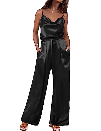 Ekouaer Pjs Women's Summer Silk Pajamas Plus Size Satin Shirt and Long Pants 2 Piece Lounge Tracksuit Outfits Set Black,XX-Large