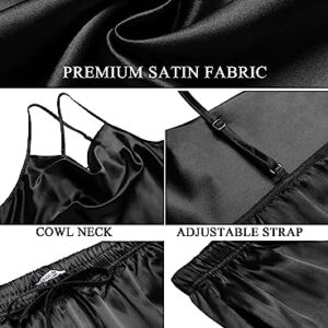 Ekouaer Pjs Women's Summer Silk Pajamas Plus Size Satin Shirt and Long Pants 2 Piece Lounge Tracksuit Outfits Set Black,XX-Large