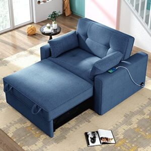 tdewlye versatile 48" convertible sleeper sofa bed with adjustable bed chair,usb charging port and 2 pillows,for small space apartment office living room (blue#usb)