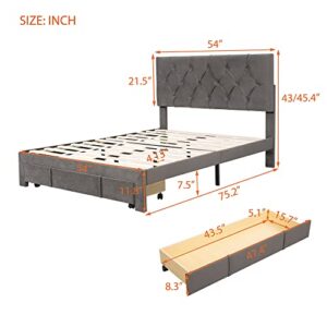 YuiHome Full Size Velvet Upholstered Platform Bed with a Big Storage Drawer and Classic Upholstered Headboard, No Box Spring Needed,Gray