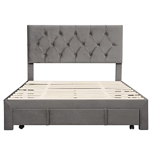 YuiHome Full Size Velvet Upholstered Platform Bed with a Big Storage Drawer and Classic Upholstered Headboard, No Box Spring Needed,Gray