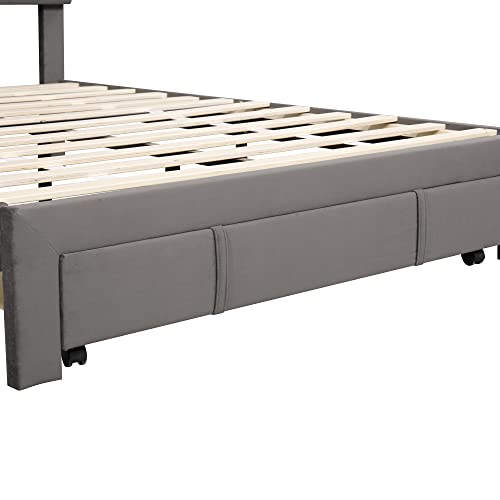 YuiHome Full Size Velvet Upholstered Platform Bed with a Big Storage Drawer and Classic Upholstered Headboard, No Box Spring Needed,Gray