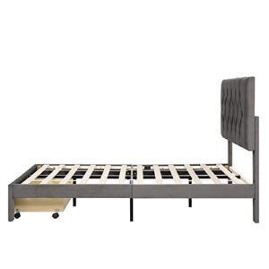 YuiHome Full Size Velvet Upholstered Platform Bed with a Big Storage Drawer and Classic Upholstered Headboard, No Box Spring Needed,Gray