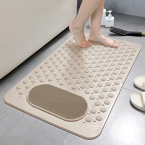 YCT Bathtub Mat Non Slip, Bath Mats for Tub, Shower Mat with Suction Cups Drainage Holes, Machine Washable, Foot Massage, Exfoliating, 27.5 x 14.2 inches, Beige