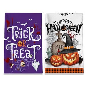 hexagram halloween kitchen towels, happy halloween kitchen decor, purple trick or treat hand towels for bathroom, spooky october 31 holiday kitchen towels and dishcloth set of 2