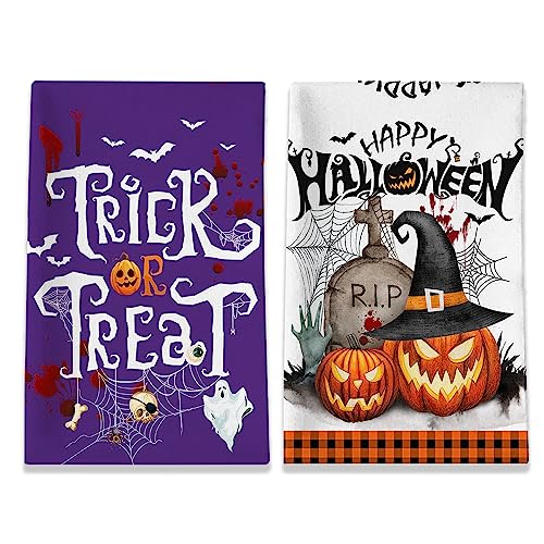 Hexagram Halloween Kitchen Towels, Happy Halloween Kitchen Decor, Purple Trick or Treat Hand Towels for Bathroom, Spooky October 31 Holiday Kitchen Towels and Dishcloth Set of 2