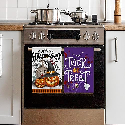 Hexagram Halloween Kitchen Towels, Happy Halloween Kitchen Decor, Purple Trick or Treat Hand Towels for Bathroom, Spooky October 31 Holiday Kitchen Towels and Dishcloth Set of 2