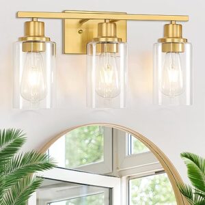 3-light brushed gold bathroom light fixtures, brushed brass vanity light fixture modern bath wall sconce lighting wall mount lights over mirror with clear glass shade for living room bedroom hallway