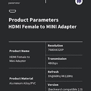 8K@60Hz 90-Degree Left Angle HDMI to MINI High-Speed Adapter（pack of 3）, Supports HDR, 3D, 48Gbps, Compatible with DSLR, Camcorder, Graphics Card, Laptop, Projector, Suitable for Home and Office Use