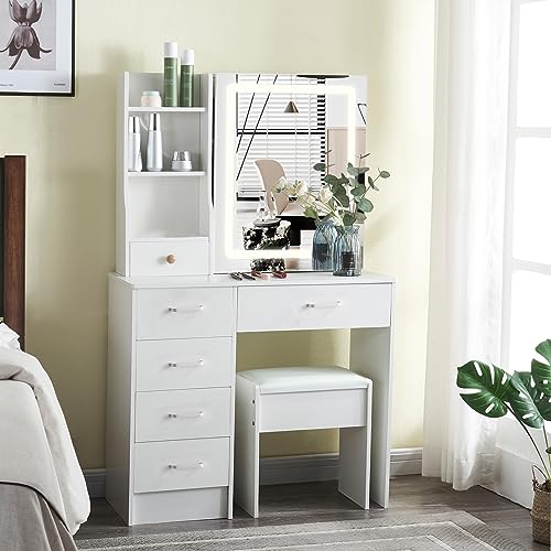 JBLCC Makeup Vaniy with Lights,Vanity with Lighted Mirror and Chair, Vanity Table with Lights and Drawers,Vanity Makeup Desk with Stool and Storage Shelves,Bedroom Furniture White (Modern 07led)