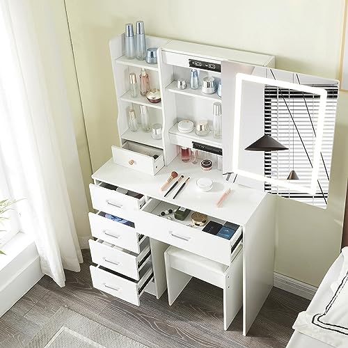 JBLCC Makeup Vaniy with Lights,Vanity with Lighted Mirror and Chair, Vanity Table with Lights and Drawers,Vanity Makeup Desk with Stool and Storage Shelves,Bedroom Furniture White (Modern 07led)