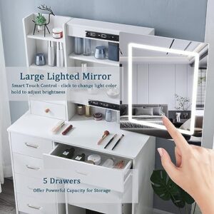 JBLCC Makeup Vaniy with Lights,Vanity with Lighted Mirror and Chair, Vanity Table with Lights and Drawers,Vanity Makeup Desk with Stool and Storage Shelves,Bedroom Furniture White (Modern 07led)