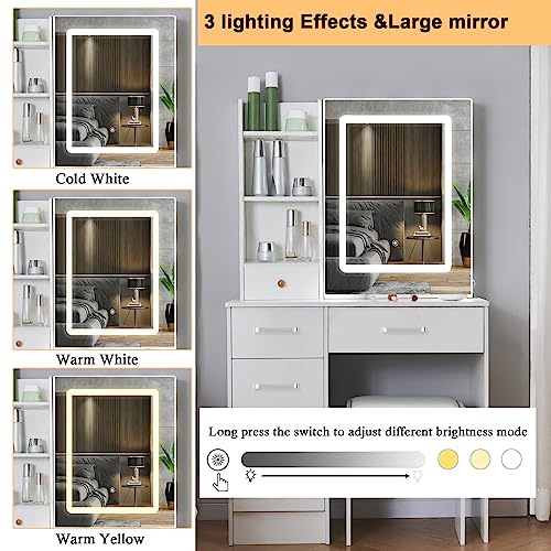 JBLCC Makeup Vaniy with Lights,Vanity with Lighted Mirror and Chair, Vanity Table with Lights and Drawers,Vanity Makeup Desk with Stool and Storage Shelves,Bedroom Furniture White (Modern 07led)