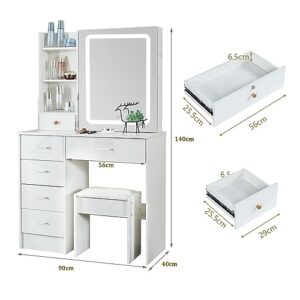 JBLCC Makeup Vaniy with Lights,Vanity with Lighted Mirror and Chair, Vanity Table with Lights and Drawers,Vanity Makeup Desk with Stool and Storage Shelves,Bedroom Furniture White (Modern 07led)