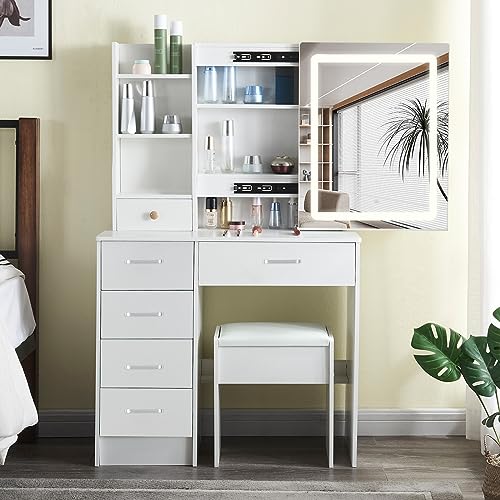 JBLCC Makeup Vaniy with Lights,Vanity with Lighted Mirror and Chair, Vanity Table with Lights and Drawers,Vanity Makeup Desk with Stool and Storage Shelves,Bedroom Furniture White (Modern 07led)