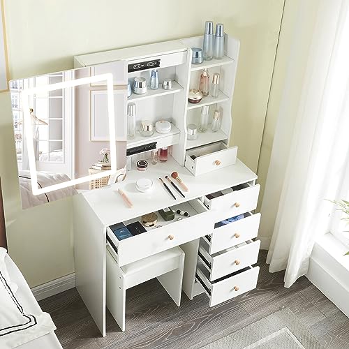 JBLCC Large Vanity Desk with Mirror and Lights, Vanity Table Makeup Vanity with Slidable Mirror 5 Drawers and Storage Shelves,Dressing Table Set 3 Lighting Color Adjustable (06LED)