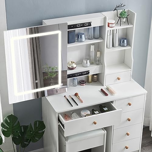 JBLCC Large Vanity Desk with Mirror and Lights, Vanity Table Makeup Vanity with Slidable Mirror 5 Drawers and Storage Shelves,Dressing Table Set 3 Lighting Color Adjustable (06LED)