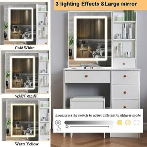 JBLCC Large Vanity Desk with Mirror and Lights, Vanity Table Makeup Vanity with Slidable Mirror 5 Drawers and Storage Shelves,Dressing Table Set 3 Lighting Color Adjustable (06LED)