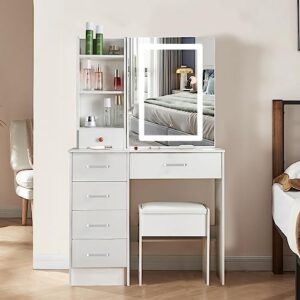 saihemei modern makeup vanity desk with mirror and led light, makeup table with 6 drawers, storage shelves and chair, 3 lighting modes and adjustable brightness for mother daughter