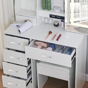 Saihemei Modern Makeup Vanity Desk with Mirror and LED Light, Makeup Table with 6 Drawers, Storage Shelves and Chair, 3 Lighting Modes and Adjustable Brightness for Mother Daughter