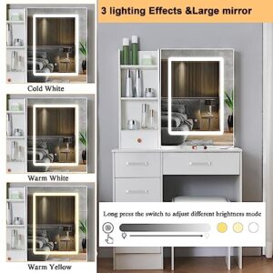 Saihemei Modern Makeup Vanity Desk with Mirror and LED Light, Makeup Table with 6 Drawers, Storage Shelves and Chair, 3 Lighting Modes and Adjustable Brightness for Mother Daughter