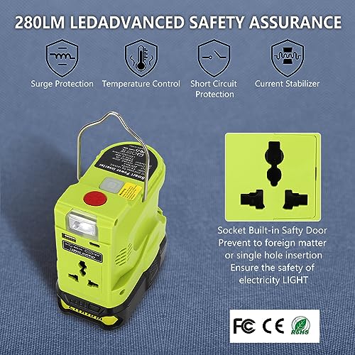 200W Powered Inverter Generator for Ryobi 18V ONE+ Lithium Battery Portable Power Source with 280LM Light, USB Port, TYPE-C Port Ryobi Inverter AC Outlet Convert DC 18V to AC 110V 120V (Tool Only)