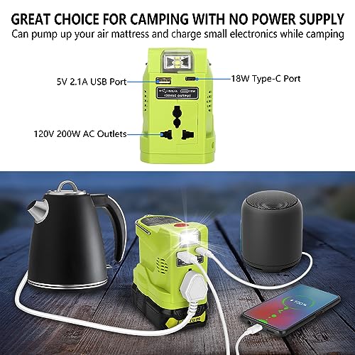 200W Powered Inverter Generator for Ryobi 18V ONE+ Lithium Battery Portable Power Source with 280LM Light, USB Port, TYPE-C Port Ryobi Inverter AC Outlet Convert DC 18V to AC 110V 120V (Tool Only)