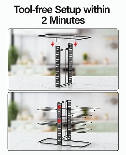 Pantasia Pots and Pans Organizer - [Truly Balanced, 8-Tier Adjustable] Pots and Pans Rack Organizer for Cabinet, Frying pan, Bakeware, Lid, Dishes, Kitchen Organizers and Storage