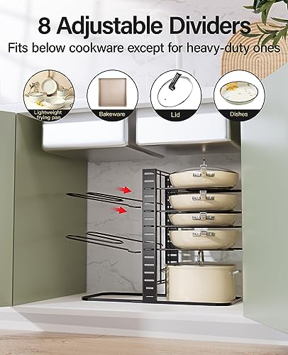 Pantasia Pots and Pans Organizer - [Truly Balanced, 8-Tier Adjustable] Pots and Pans Rack Organizer for Cabinet, Frying pan, Bakeware, Lid, Dishes, Kitchen Organizers and Storage