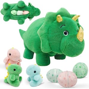 ezuwail triceratops stuffed animals with babies, 7 pack, 22 inch dinosaur plush toys, large green triceratops with 3 eggs, 3 baby dino plushie inside